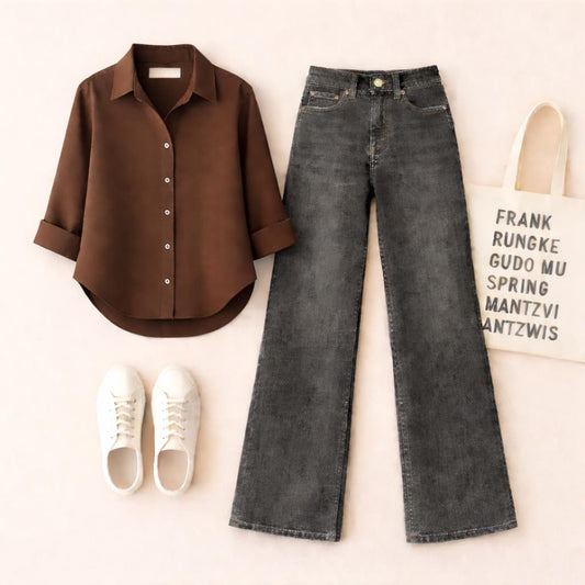 BROWN BUTTON SHIRT WITH BLACK MALAYSIAN WIDE LEG JEANS