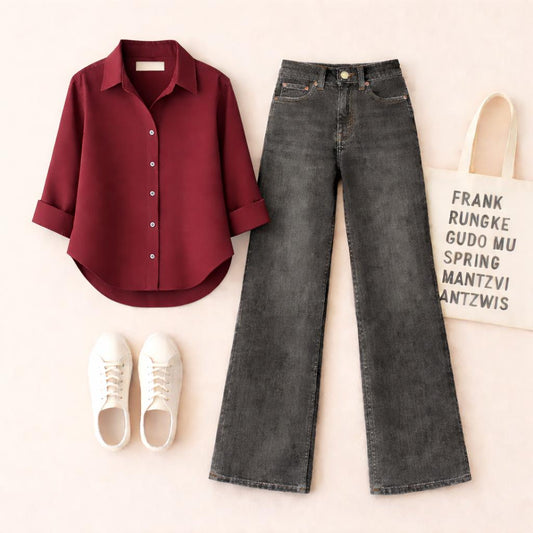 MAROON BUTTON SHIRT WITH BLACK MALAYSIAN WIDE LEG JEANS (Copy)
