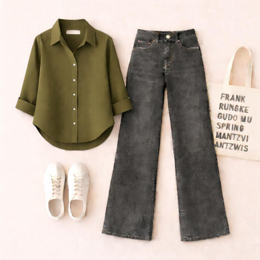 OLIVE GREEN BUTTON SHIRT WITH BLACK MALAYSIAN WIDE LEG JEANS