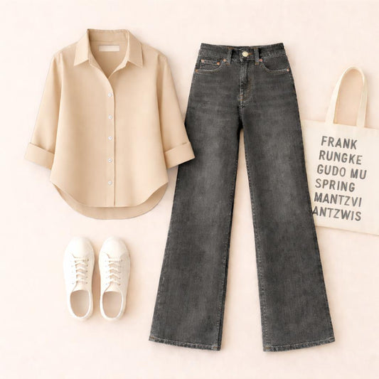 BEIGE BUTTON SHIRT WITH BLACK MALAYSIAN WIDE LEG JEANS