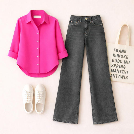 BABY PINK BUTTON SHIRT WITH BLACK MALAYSIAN WIDE LEG JEANS