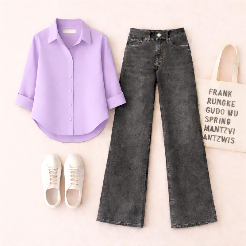 LILAC BUTTON SHIRT WITH BLACK MALAYSIAN WIDE LEG JEANS