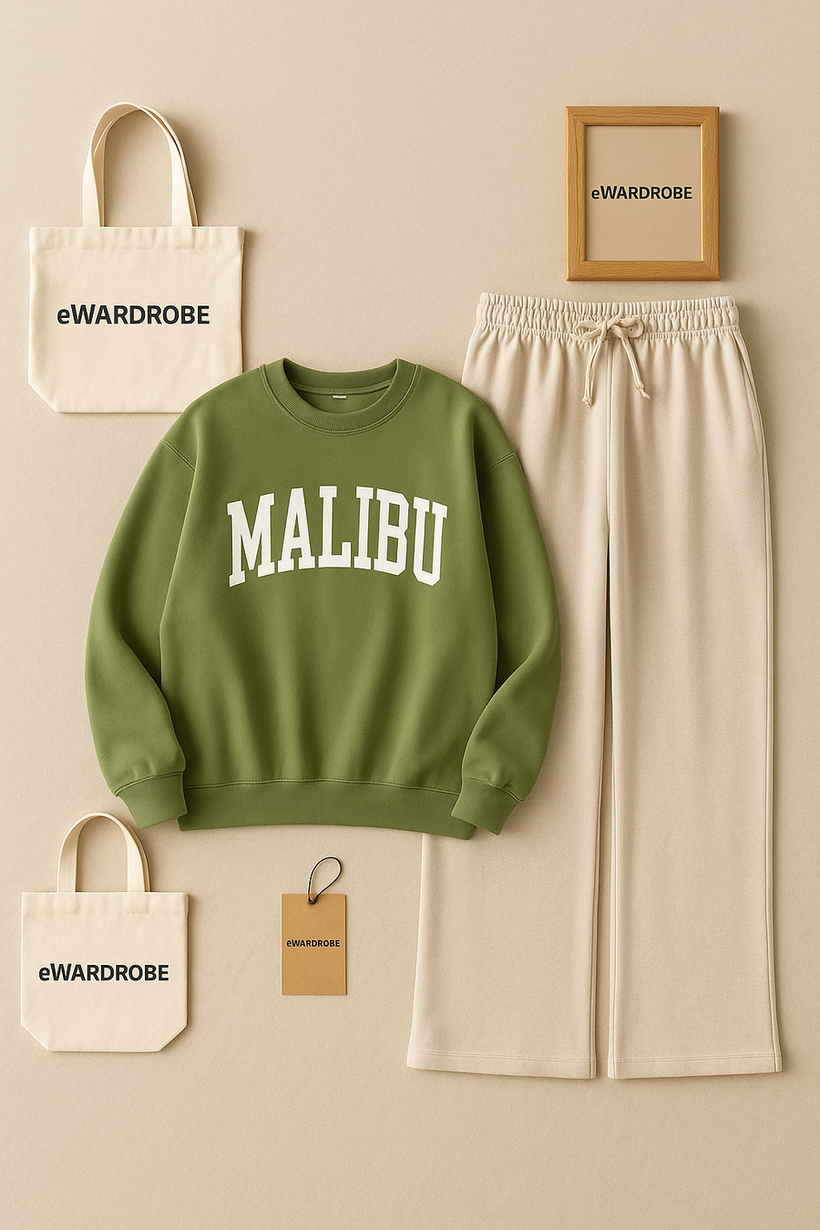 Malibu olive green sweatshirt with beige flapper