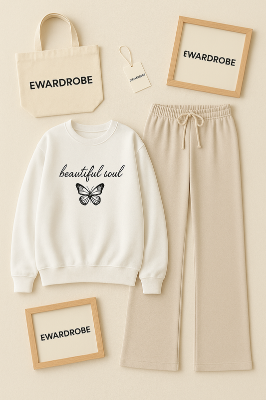 BEAUTIFUL SOUL WHITE SWEATSHIRT WITH BEIGE FLAPPER