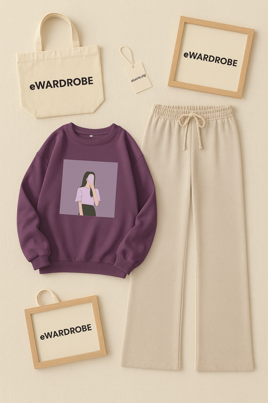 DARK PURPLE SWEATSHIRT PURPLE BACKGROUD WITH BEIGE FLAPPER