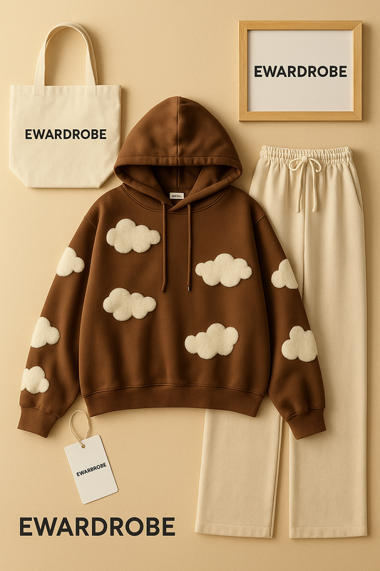 BROWN HOODIE CLOUDS ALL OVER WITH BEIGE FLAPPER
