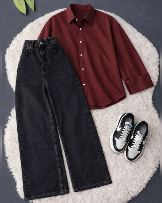 MAROON BUTTON SHIRT WITH BLACK WIDE LEG JEANS