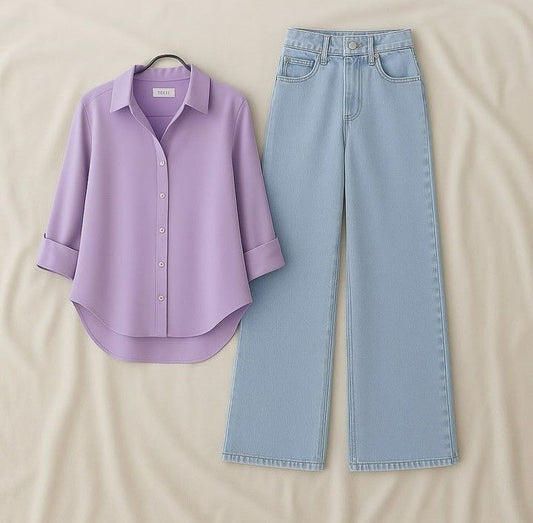 LILAC BUTTON SHIRT WITH SKY BLUE WIDE LEG JEANS