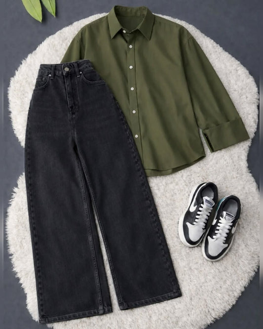 OLIVE GREEN BUTTON SHIRT WITH BLACK WIDE LEG JEANS