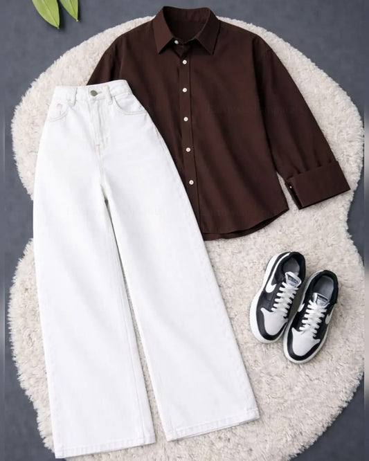 BROWN BUTTON SHIRT WITH WHITE WIDE LEG JEANS