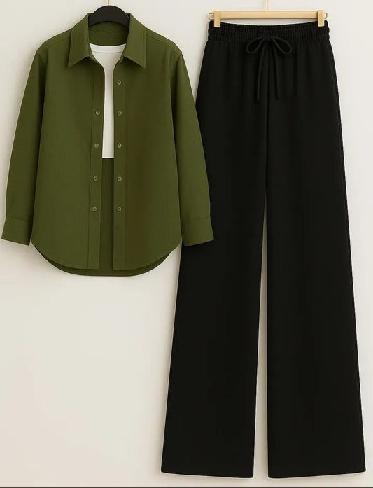 OLIVE GREEN BUTTON DOWN SHIRT WITH WHITE INNER AND BLACK WIDE LEG JEANS