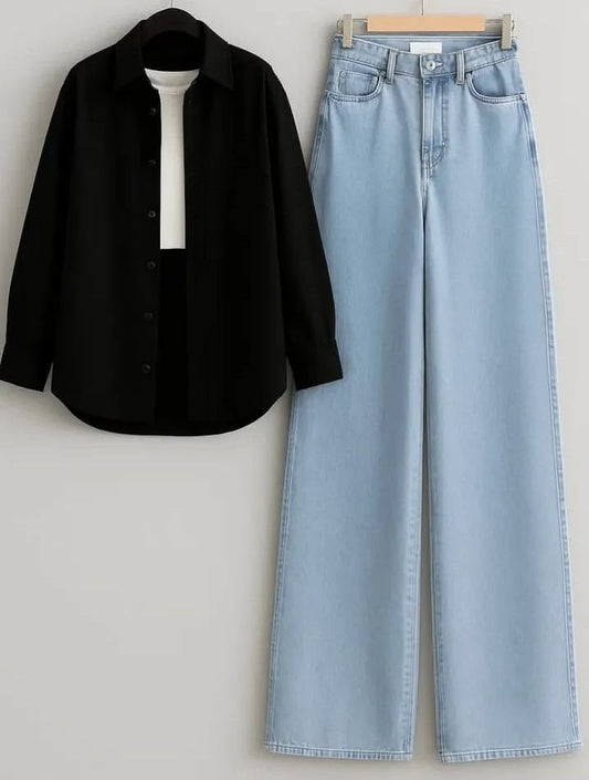 BLACK GREEN BUTTON DOWN SHIRT WITH WHITE INNER AND SKY BLUE WIDE LEG JEANS