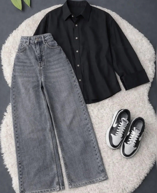 BLACK BUTTON SHIRT WITH CHARCOAL WIDE LEG JEANS