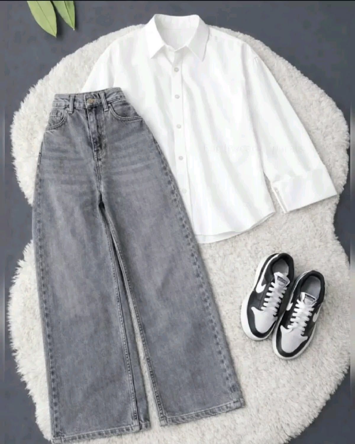 WHITE BUTTON SHIRT WITH CHARCOAL WIDE LEG JEANS