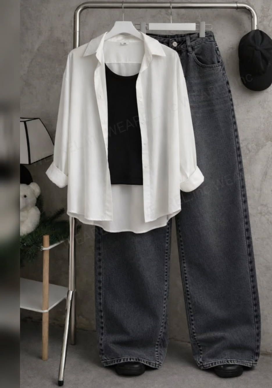 WHITE BUTTON DOWN SHIRT WITH BLACK INNER AND MALAYSIAN BLACK  WIDE LEG JEANS