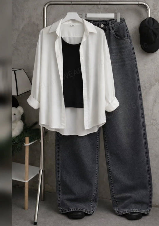 WHITE BUTTON DOWN SHIRT WITH BLACK INNER AND MALAYSIAN BLACK WIDE LEG JEANS