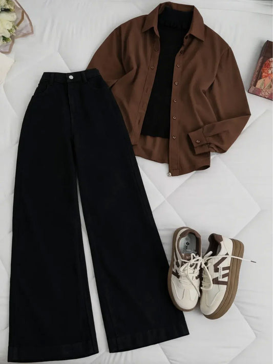 BROWN BUTTON DOWN SHIRT WITH BLACK INNER AND BLACK WIDE LEG JEANS