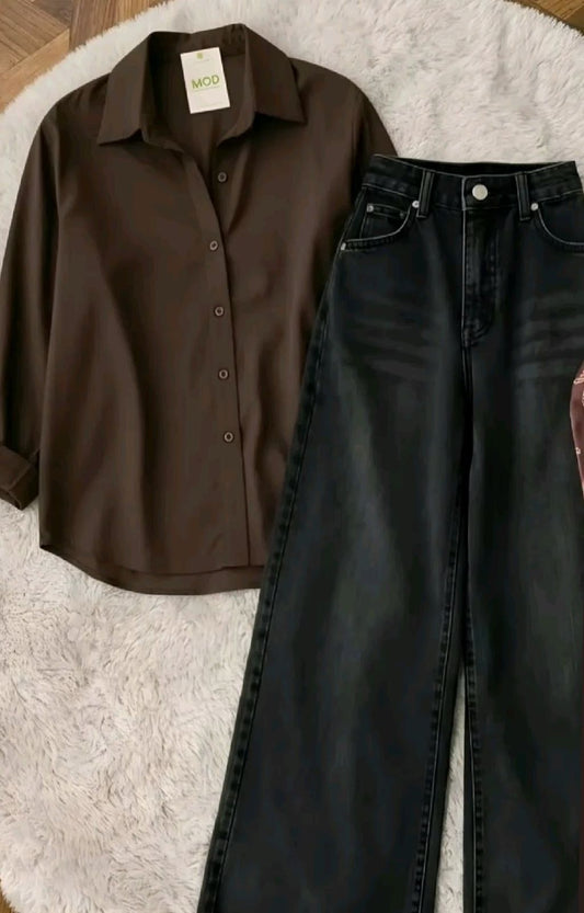 OLIVE GREEN BUTTON SHIRT WITH BLACK WIDE LEG JEANS