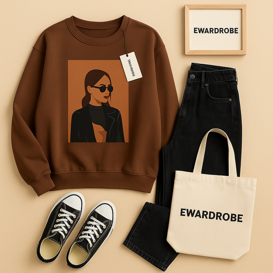 COFFEE GIRL BROWN SWEATSHIRT WITH BLACK MOM JEANS