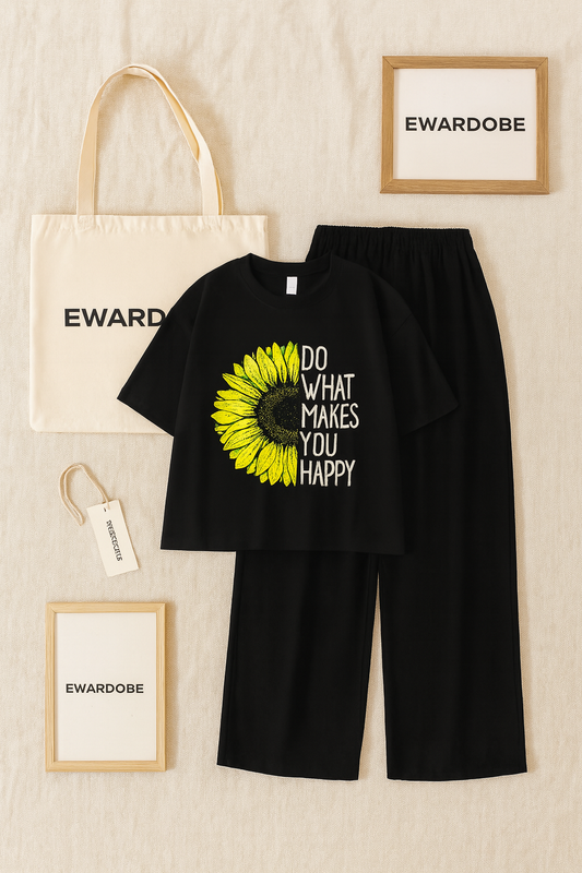 BLACK TSHIRT DO WHAT MAKES YOU HAPPY SUNFLOWER WITH BLACK FLAPPER