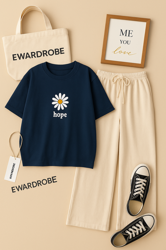 HOPE SUNFLOWER NAVY BLUE TSHIRT WITH BEIGE FLAPPER