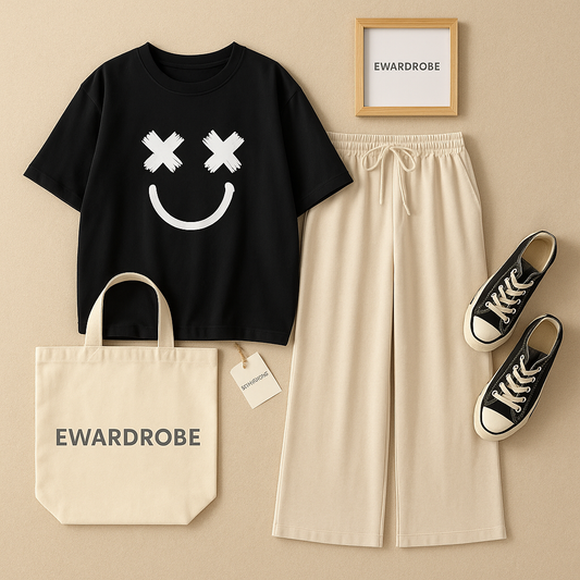 X FACE BLACK TSHIRT WITH BEIGE FLAPPER