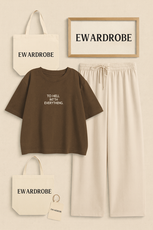 TO HELL BROWN TSHIRT WITH BEIGE FLAPPER