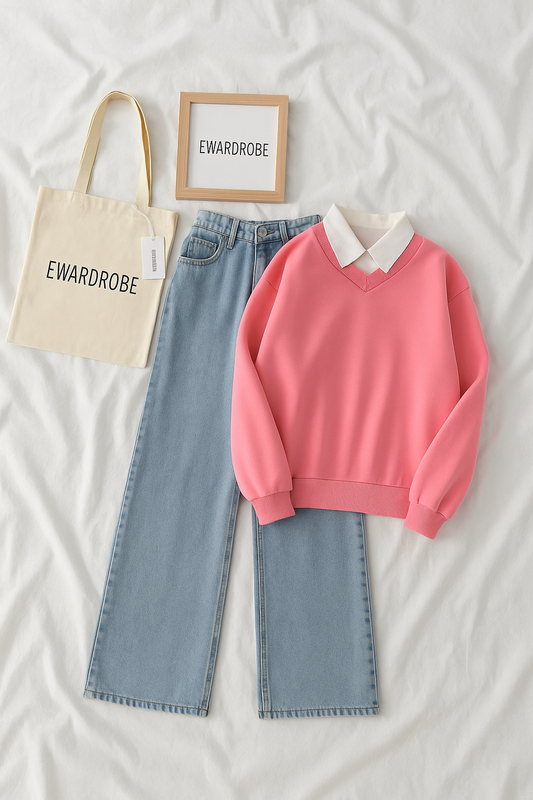 PINK COLLAR SWEATSHIRT WITH ICE BLUE WIDE LEG