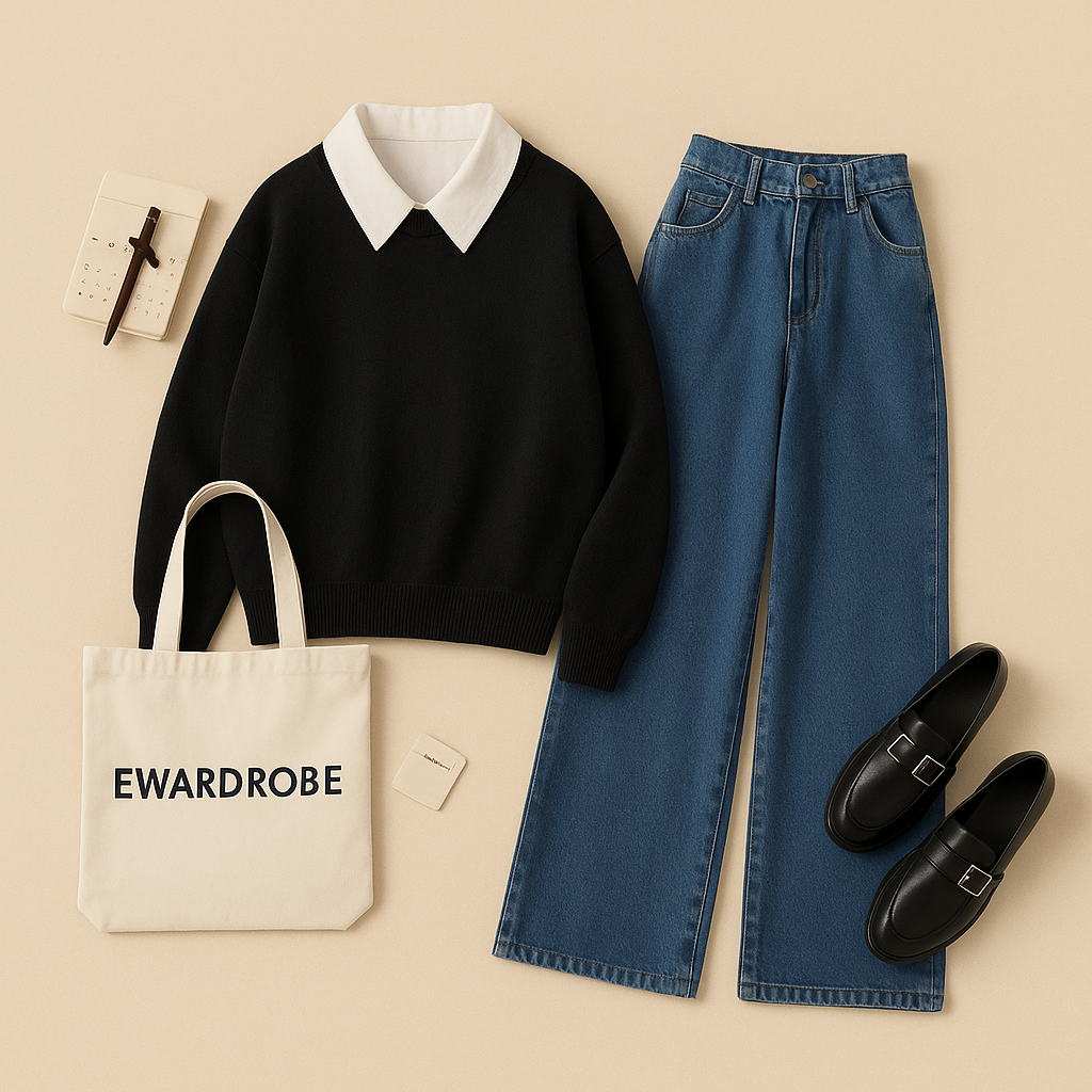 Black Collar Sweatshirt With Mid Blue Jeans