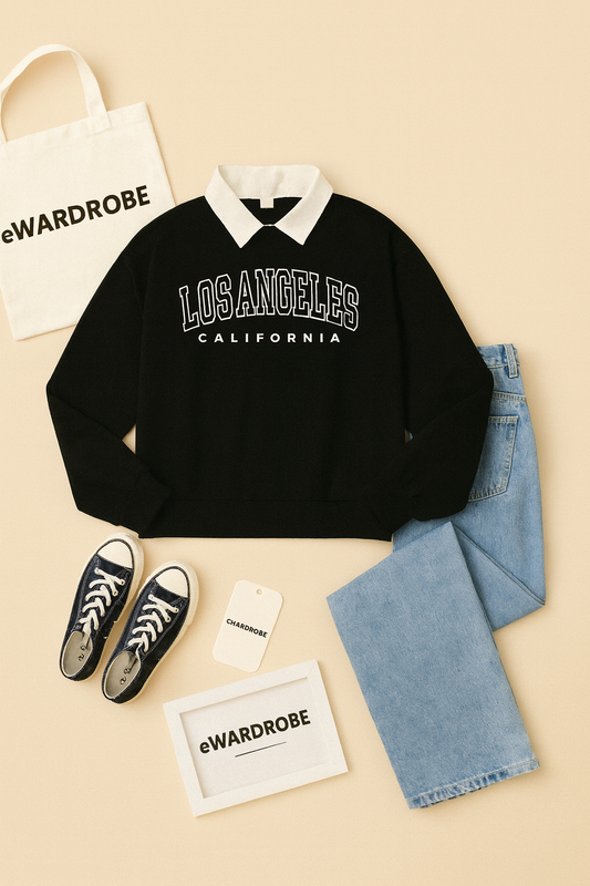 Black / Midblue Collar sweat and wideleg jeans