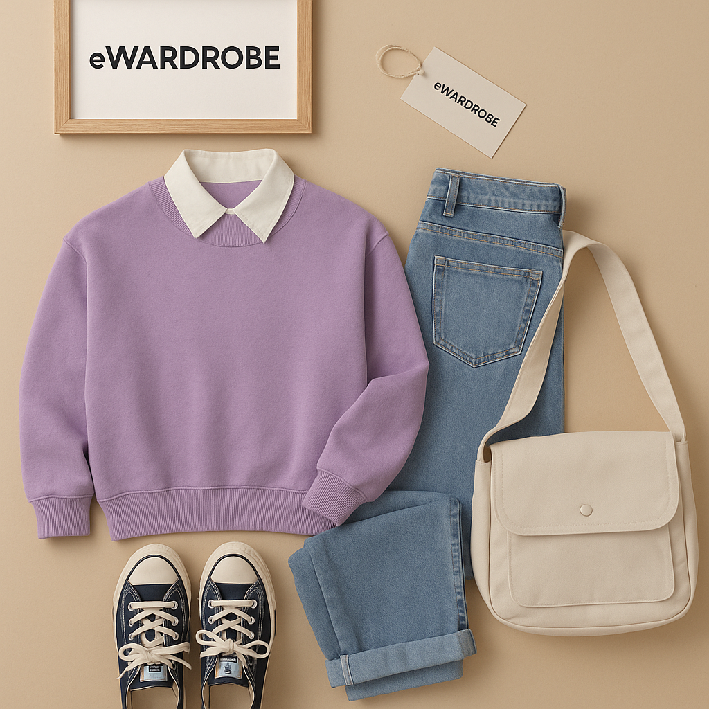 LILAC COLLAR SWEATSHIRT WITH SKY BLUE MOM JEANS