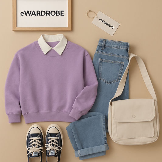 LILAC COLLAR SWEATSHIRT WITH SKY BLUE MOM JEANS
