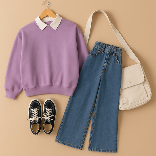LILAC COLLAR SWEATSHIRT WITH SKY BLUE WIDE LEG JEANS