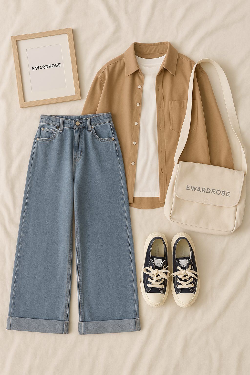 COFEE BROWN SHIRT WITH INNER AND ICE BLUE WIDE LEG JEANS (3PCS)