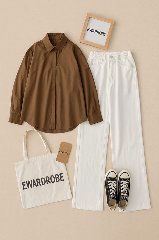 COFEE BROWN BUTTON SHIRT WITH WHITE WIDE LEG JEANS