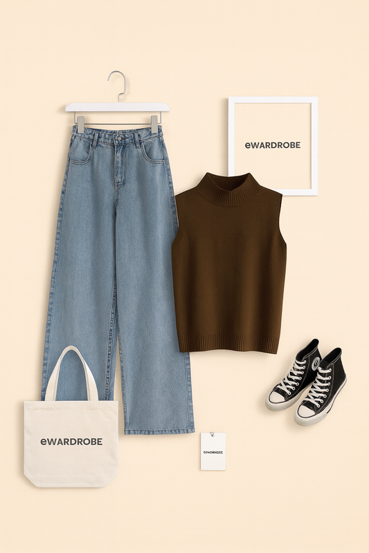 COFFE BROWN TANK TOP WITH ICE BLUE WIDE LEG