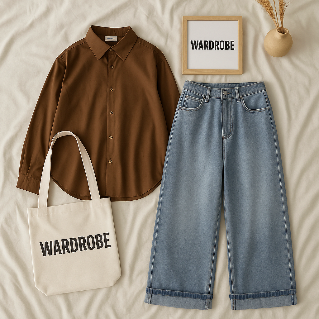Coffee Brown Button Down Shirt With Ice Blue Wide Leg Jeans