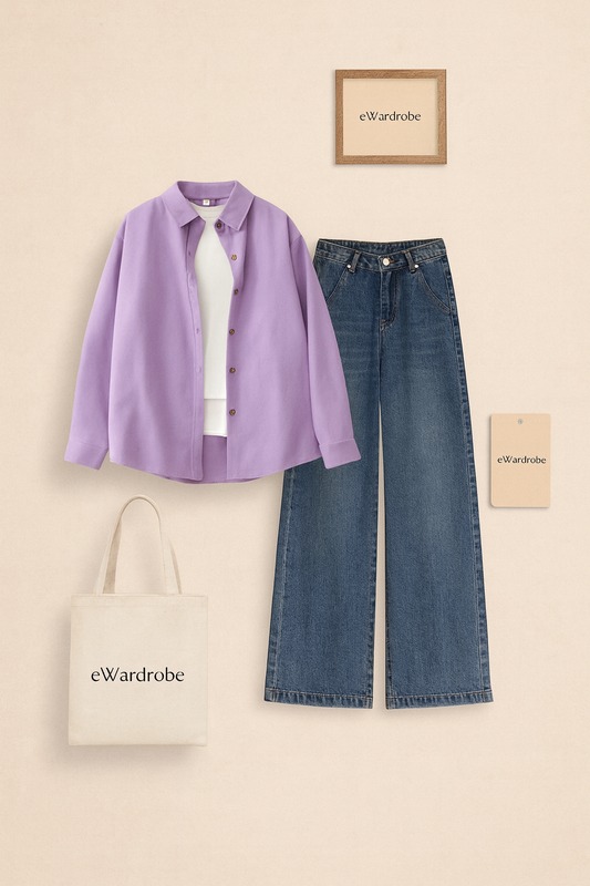 LILAC BUTTON SHIRT WITH INNER AND MID BLUE WIDE LEG JEANS