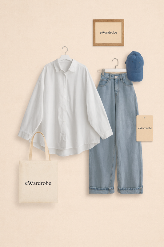 WHITE BUTTON SHIRT WITH ICE BLUE WIDE LEG JEANS