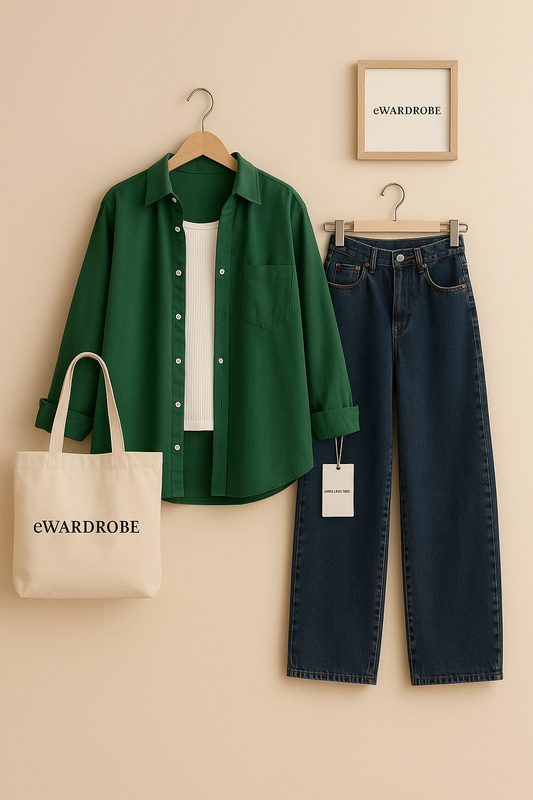 BOTTLE GREEN BUTTON SHIRT WITH WHITE TANK TOP AND DARK BLUE WIDE LEG JEANS
