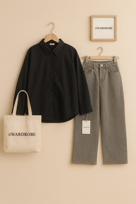 BLACK BUTTON SHIRT WITH GREY WIDE LEG JEANS