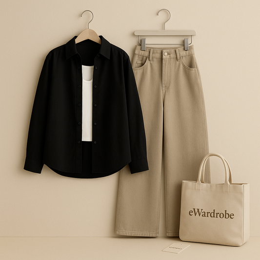 BLACK BUTTON SHIRT WITH BEIGE WIDE LEG JEANS WITH WHITE TANK TOP