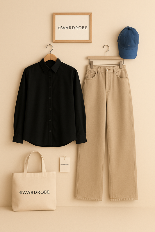 BLACK BUTTON SHIRT WITH BEIGE WIDE LEG JEANS