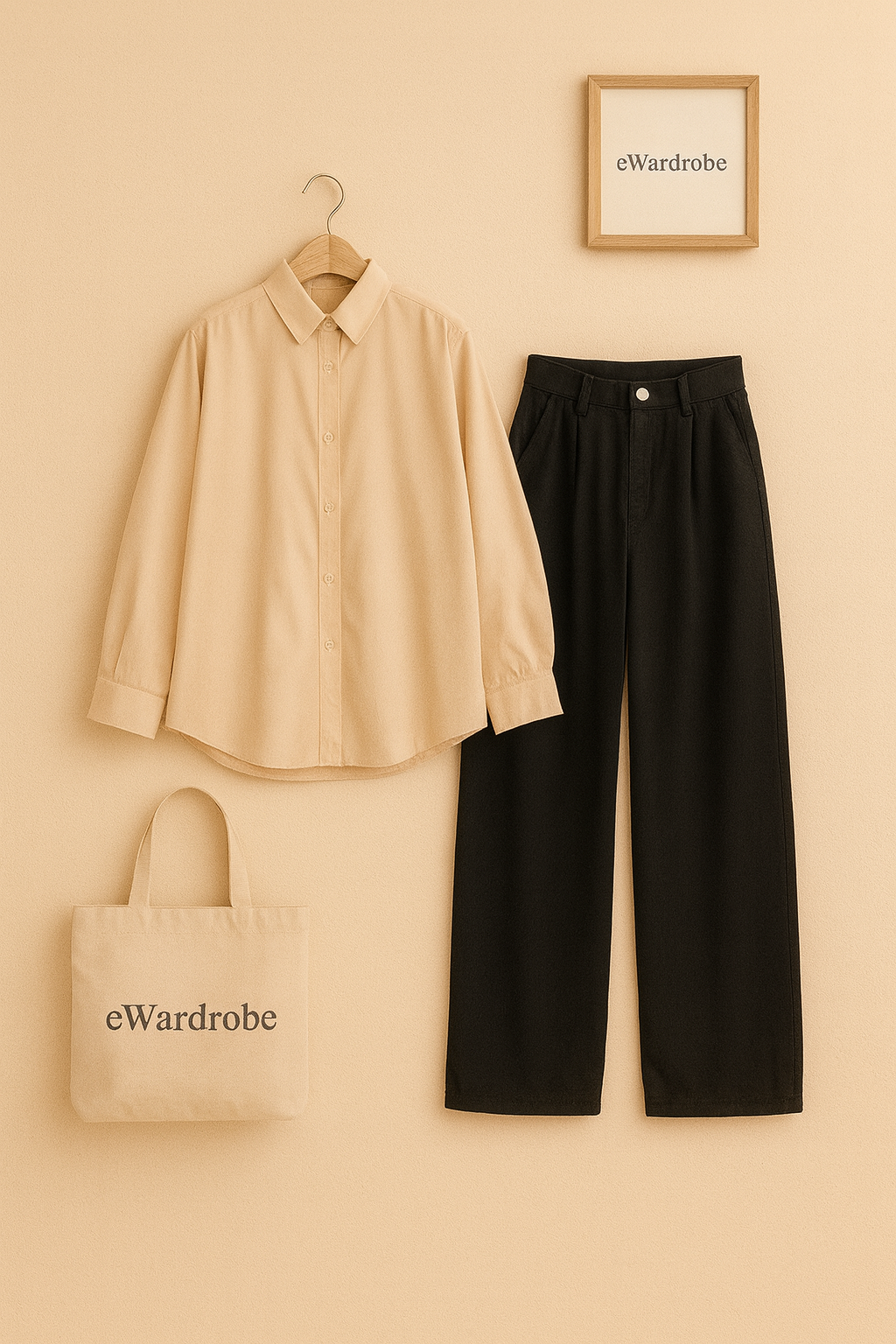 CREAM BUTTON DOWN SHIRT WITH BLACK WIDE LEG JEANS