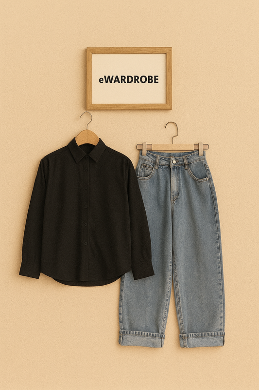 BLACK BUTTON SHIRT WITH SKY BLUE WIDE LEG JEANS