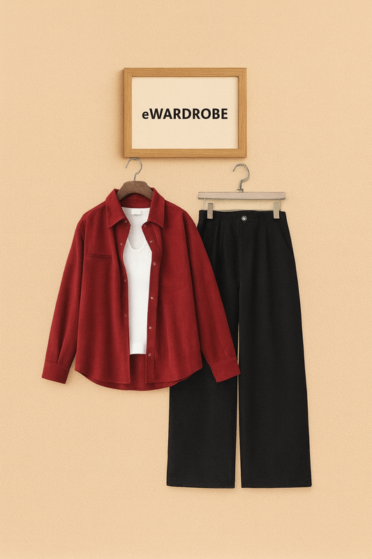 MAROON BUTTON SHIRT WITH INNER AND BLACK WIDE LEG JEANS (3PCS)