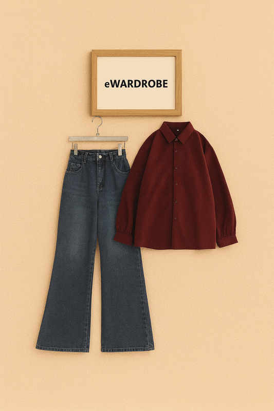 MAROON BUTTON SHIRT WITH MID BLUE BELL BOTTOM JEANS