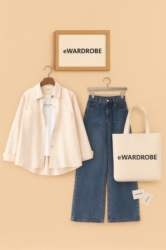 OFFWHITE SHIRT WITH INNER AND MID BLUE WIDE LEG JEANS (3PCS)