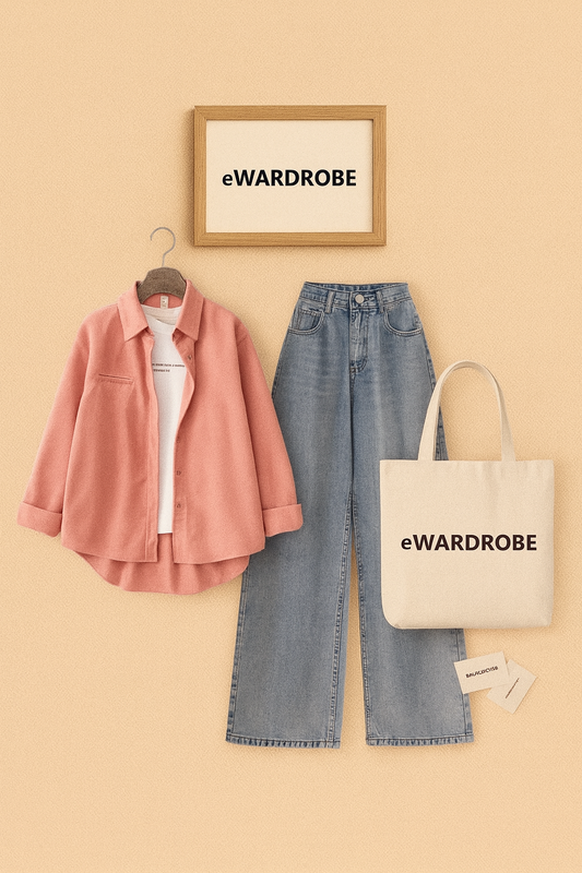 PINK BUTTON DOWN SHIRT WITH INNER AND WITH ICE BLUE WIDE LEG JEANS (3PCS)