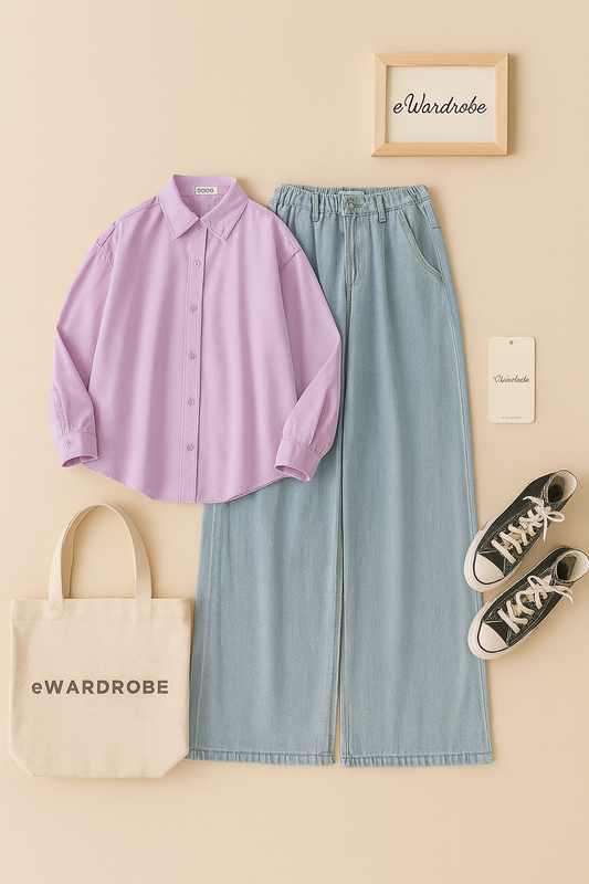LILAC BUTTON DOWN SHIRT WITH ICE BLUE WIDE LEG JEANS